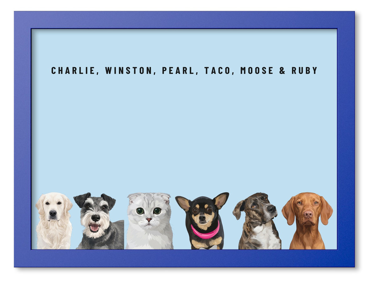 Custom Six Pet Portrait Coloured Frame Print (Ocean Blue): Charlie the Golden Retriever & Winston the Miniature Schnauzer & Pearl the Scottish Fold cat & Taco the Chihuahua & Moose the mixed-breed dog & Ruby the Vizsla on a Sky background. [ks Frame Colour=Ocean Blue; Background=Sky]