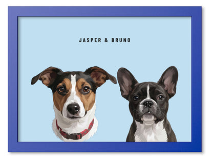 Custom Two Pet Portrait Coloured Frame Print (Ocean Blue): Jasper the Jack Russell Terrier & Bruno the French Bulldog on a Sky background. [ks Frame Colour=Ocean Blue; Background=Sky]