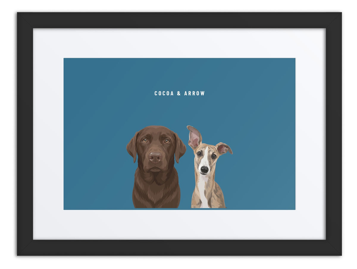Custom Two Pet Portrait Framed Print (Black + Mat): Cocoa the chocolate Labrador & Arrow the Whippet on a Ocean background. [ks Frame=Black + Mat; Background=Ocean]