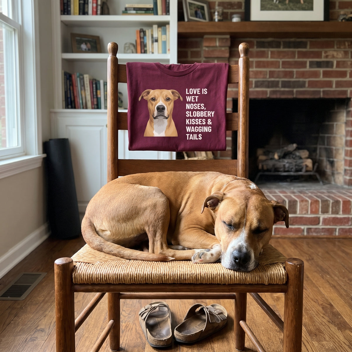 A custom pet t-shirt (Maroon) printed with "Love Is Wet Noses, Slobbery Kisses & Wagging Tails" and an illustration of Hank the mixed-breed dog, in a den with built-in bookshelves and a brick fireplace, with Hank nearby. [ks Colour=Maroon; kind=lifestyle]