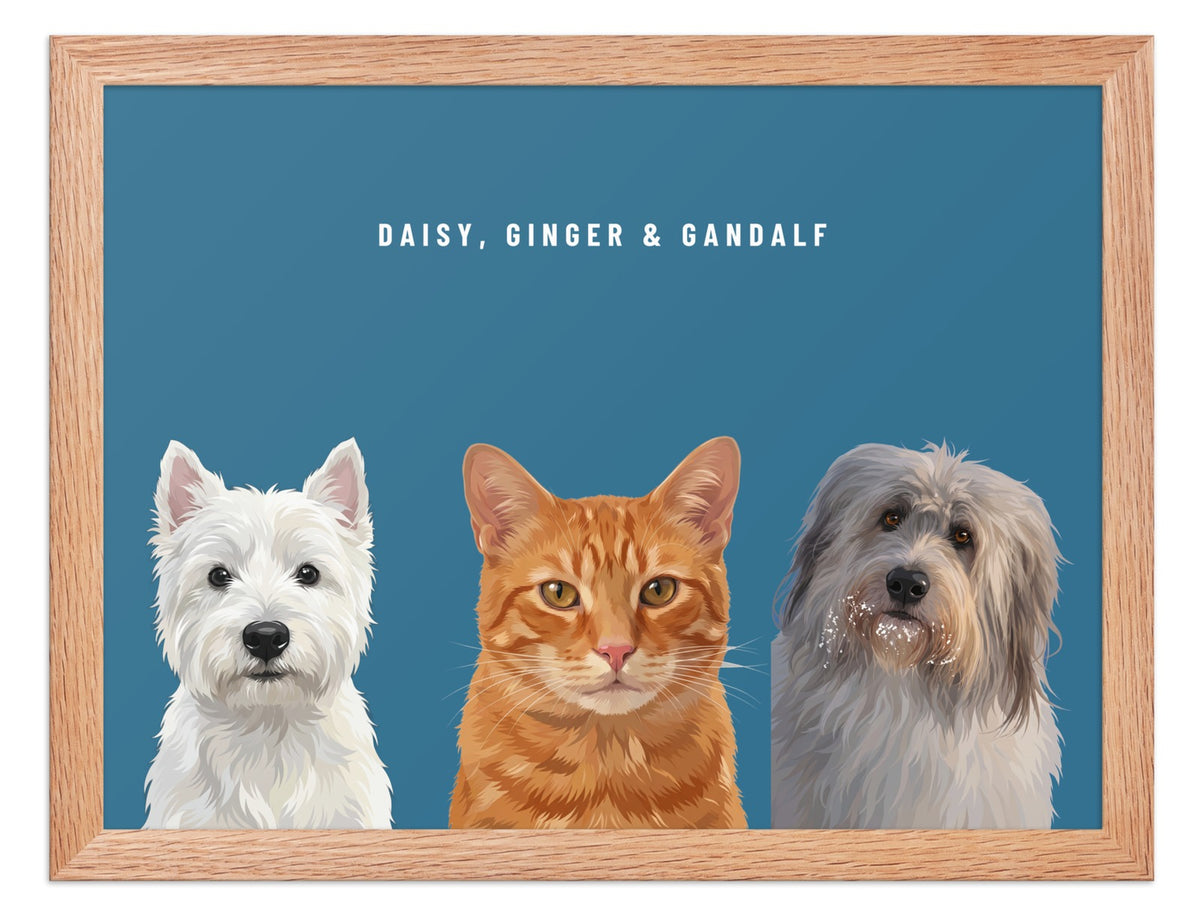 Holiday Custom Three Pet Portrait (Oak Frame): Daisy the West Highland White Terrier & Ginger the orange tabby cat & Gandalf the Sheepdog on a Ocean background. [ks Style=Oak Frame; Background=Ocean]