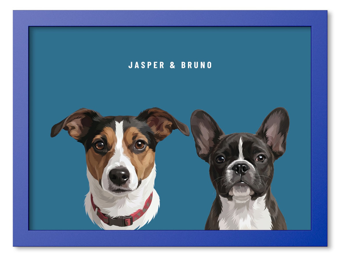 Custom Two Pet Portrait Coloured Frame Print (Ocean Blue): Jasper the Jack Russell Terrier & Bruno the French Bulldog on a Ocean background. [ks Frame Colour=Ocean Blue; Background=Ocean]