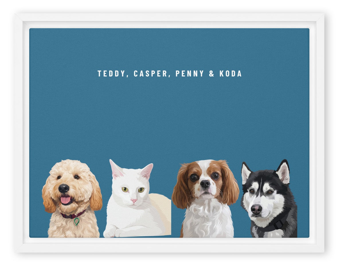 Custom Four Pet Portrait Canvas (White Framed Canvas): Teddy the Goldendoodle & Casper the white cat & Penny the Cavalier King Charles Spaniel & Koda the Siberian Husky on a Ocean background. [ks Style=White Framed Canvas; Background=Ocean]