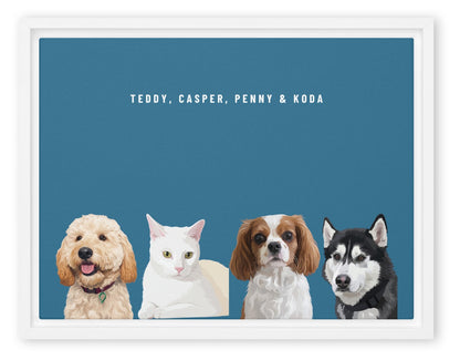 Custom Four Pet Portrait Canvas (White Framed Canvas): Teddy the Goldendoodle & Casper the white cat & Penny the Cavalier King Charles Spaniel & Koda the Siberian Husky on a Ocean background. [ks Style=White Framed Canvas; Background=Ocean]