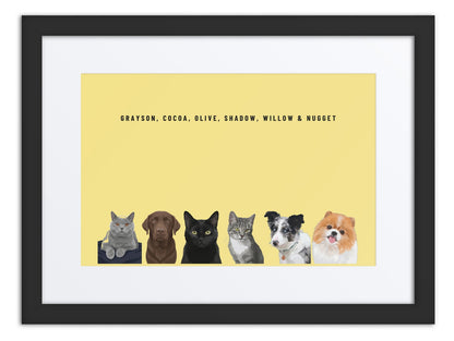 Custom Six Pet Portrait Framed Print (Black + Mat): Grayson the British Shorthair cat & Cocoa the chocolate Labrador & Olive the black cat & Shadow the grey tabby cat & Willow the Border Collie & Nugget the Pomeranian on a Lemon background. [ks Frame=Black + Mat; Background=Lemon]