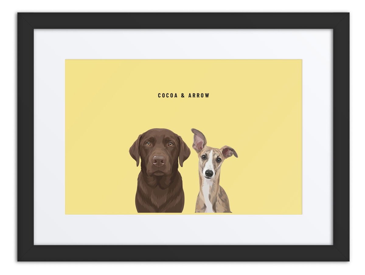 Custom Two Pet Portrait Framed Print (Black + Mat): Cocoa the chocolate Labrador & Arrow the Whippet on a Lemon background. [ks Frame=Black + Mat; Background=Lemon]