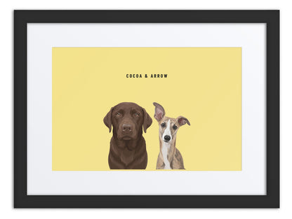 Custom Two Pet Portrait Framed Print (Black + Mat): Cocoa the chocolate Labrador & Arrow the Whippet on a Lemon background. [ks Frame=Black + Mat; Background=Lemon]