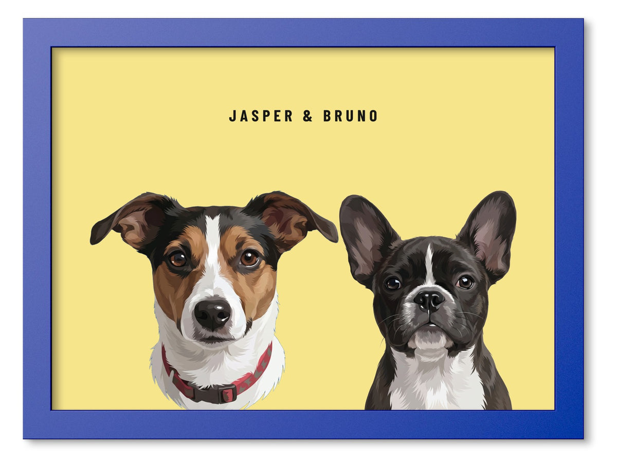 Custom Two Pet Portrait Coloured Frame Print (Ocean Blue): Jasper the Jack Russell Terrier & Bruno the French Bulldog on a Lemon background. [ks Frame Colour=Ocean Blue; Background=Lemon]