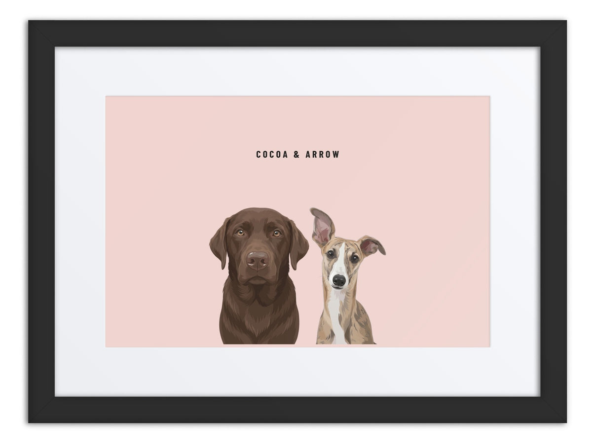 Custom Two Pet Portrait Framed Print (Black + Mat): Cocoa the chocolate Labrador & Arrow the Whippet on a Blush background. [ks Frame=Black + Mat; Background=Blush]