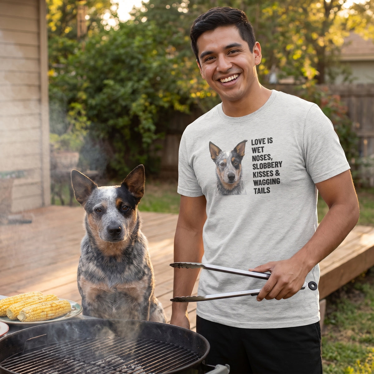 A Latino man in his 20s wearing a custom pet t-shirt (Athletic Heather) printed with "Love Is Wet Noses, Slobbery Kisses & Wagging Tails" and an illustration of Skye the Australian Cattle Dog, with Skye beside them. [ks Colour=Athletic Heather; kind=lifestyle]