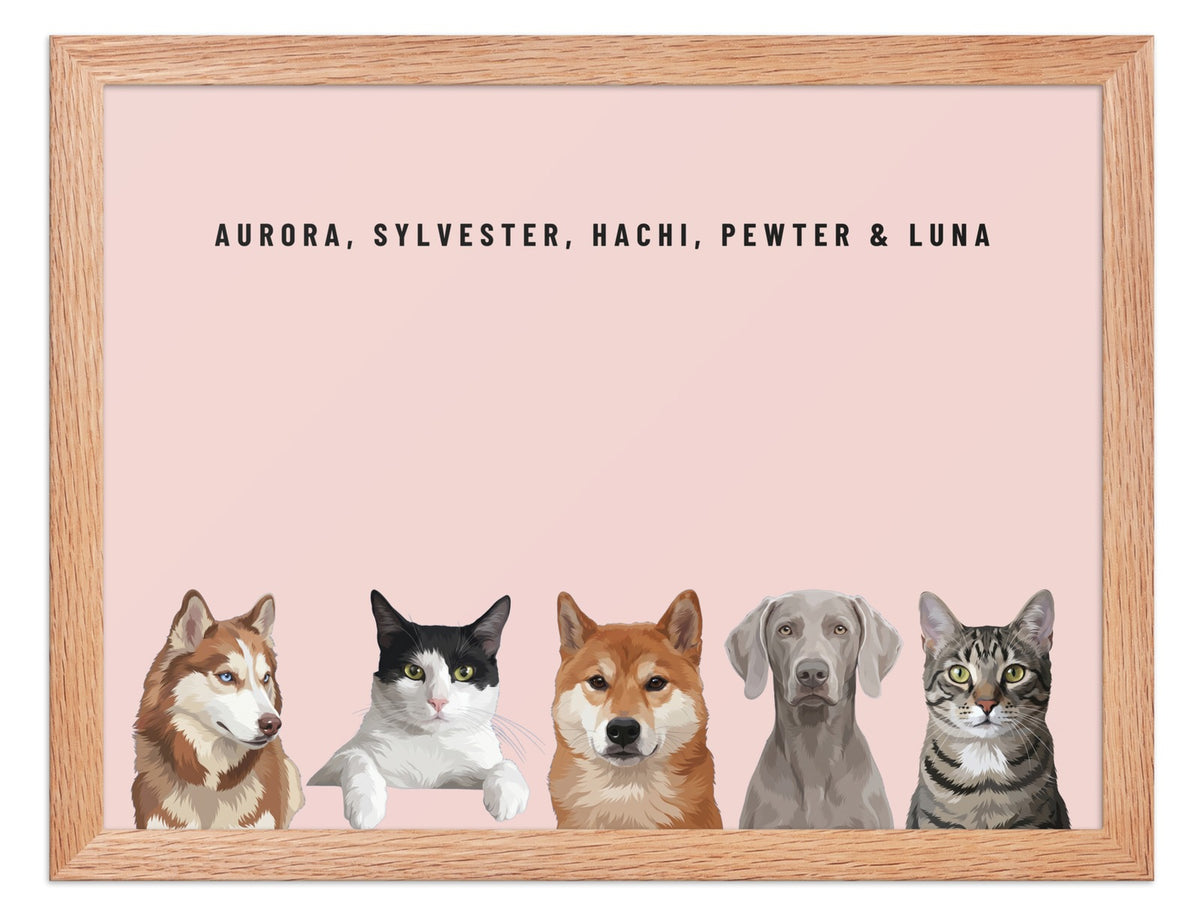 Holiday Custom Five Pet Portrait (Oak Frame): Aurora the Siberian Husky & Sylvester the tuxedo cat & Hachi the Shiba Inu & Pewter the Weimaraner & Luna the grey-brown tabby cat on a Blush background. [ks Style=Oak Frame; Background=Blush]