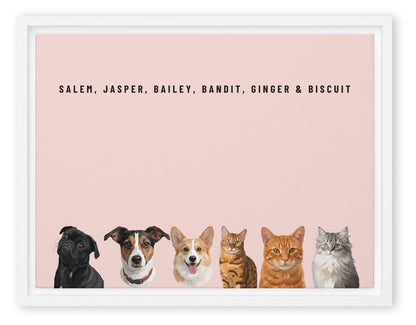 Custom Six Pet Portrait Canvas (White Framed Canvas): Salem the Pug & Jasper the Jack Russell Terrier & Bailey the Pembroke Welsh Corgi & Bandit the Bengal cat & Ginger the orange tabby cat & Biscuit the tabby kitten on a Blush background. [ks Style=White Framed Canvas; Background=Blush]