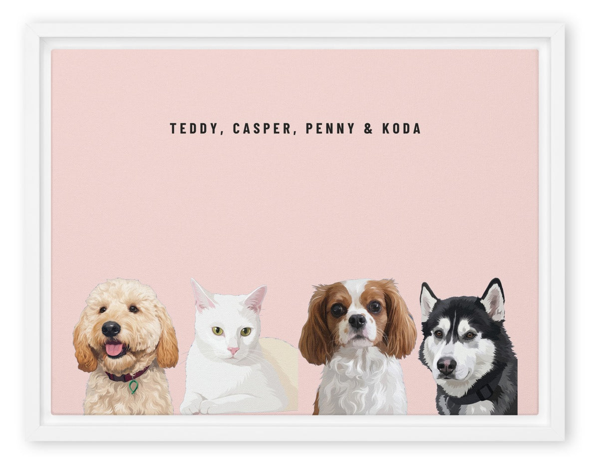 Custom Four Pet Portrait Canvas (White Framed Canvas): Teddy the Goldendoodle & Casper the white cat & Penny the Cavalier King Charles Spaniel & Koda the Siberian Husky on a Blush background. [ks Style=White Framed Canvas; Background=Blush]