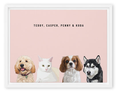 Custom Four Pet Portrait Canvas (White Framed Canvas): Teddy the Goldendoodle & Casper the white cat & Penny the Cavalier King Charles Spaniel & Koda the Siberian Husky on a Blush background. [ks Style=White Framed Canvas; Background=Blush]