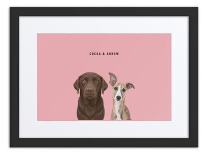 Custom Two Pet Portrait Framed Print (Black + Mat): Cocoa the chocolate Labrador & Arrow the Whippet on a Rose background. [ks Frame=Black + Mat; Background=Rose]