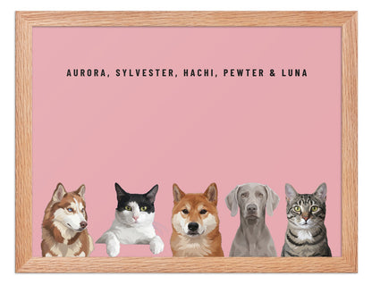 Holiday Custom Five Pet Portrait (Oak Frame): Aurora the Siberian Husky & Sylvester the tuxedo cat & Hachi the Shiba Inu & Pewter the Weimaraner & Luna the grey-brown tabby cat on a Rose background. [ks Style=Oak Frame; Background=Rose]