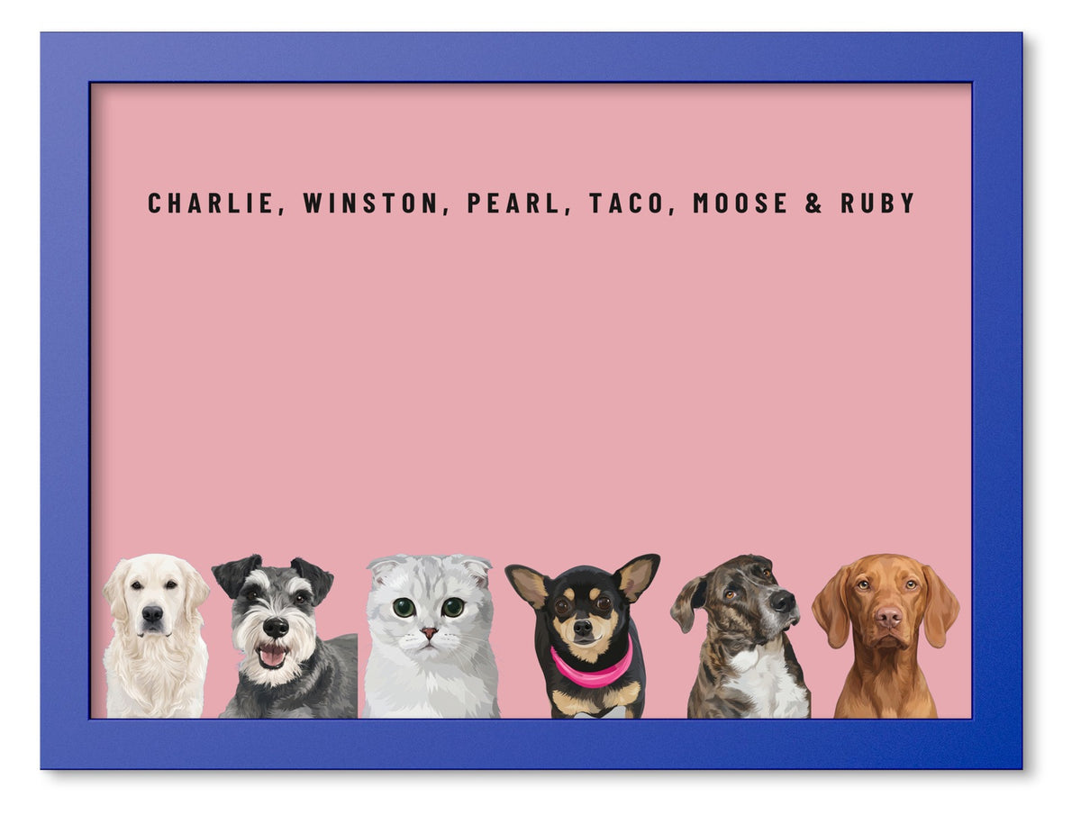 Custom Six Pet Portrait Coloured Frame Print (Ocean Blue): Charlie the Golden Retriever & Winston the Miniature Schnauzer & Pearl the Scottish Fold cat & Taco the Chihuahua & Moose the mixed-breed dog & Ruby the Vizsla on a Rose background. [ks Frame Colour=Ocean Blue; Background=Rose]