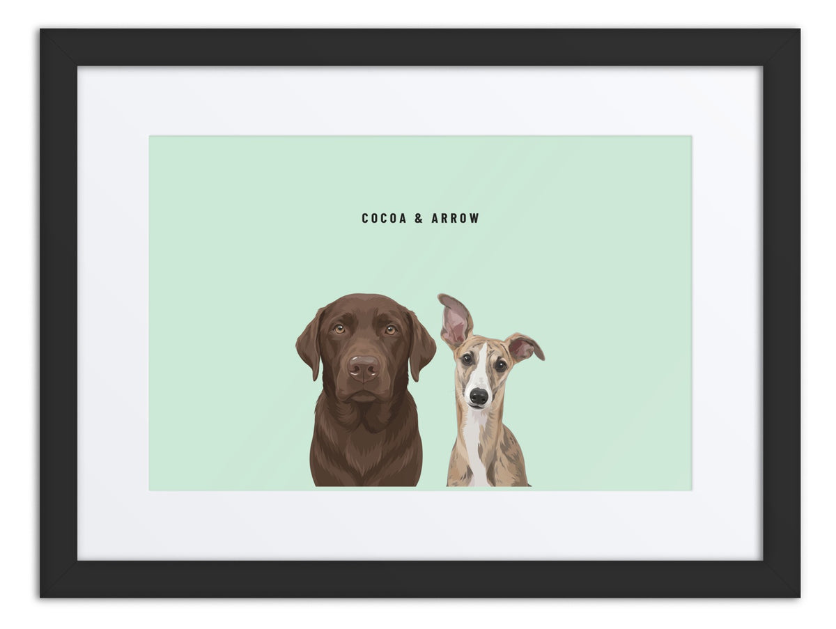 Custom Two Pet Portrait Framed Print (Black + Mat): Cocoa the chocolate Labrador & Arrow the Whippet on a Mint background. [ks Frame=Black + Mat; Background=Mint]