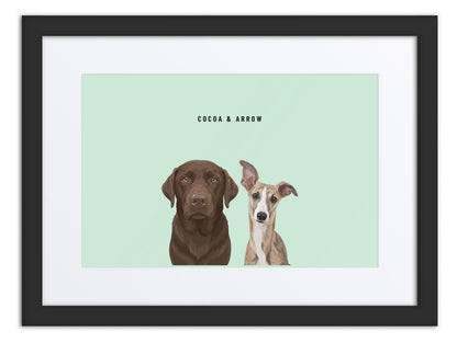 Custom Two Pet Portrait Framed Print (Black + Mat): Cocoa the chocolate Labrador & Arrow the Whippet on a Mint background. [ks Frame=Black + Mat; Background=Mint]