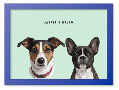 Custom Two Pet Portrait Coloured Frame Print (Ocean Blue): Jasper the Jack Russell Terrier & Bruno the French Bulldog on a Mint background. [ks Frame Colour=Ocean Blue; Background=Mint]