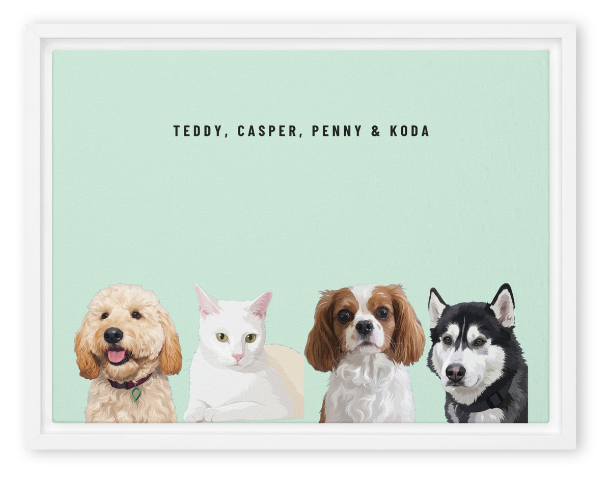 Custom Four Pet Portrait Canvas (White Framed Canvas): Teddy the Goldendoodle & Casper the white cat & Penny the Cavalier King Charles Spaniel & Koda the Siberian Husky on a Mint background. [ks Style=White Framed Canvas; Background=Mint]