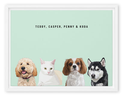 Custom Four Pet Portrait Canvas (White Framed Canvas): Teddy the Goldendoodle & Casper the white cat & Penny the Cavalier King Charles Spaniel & Koda the Siberian Husky on a Mint background. [ks Style=White Framed Canvas; Background=Mint]