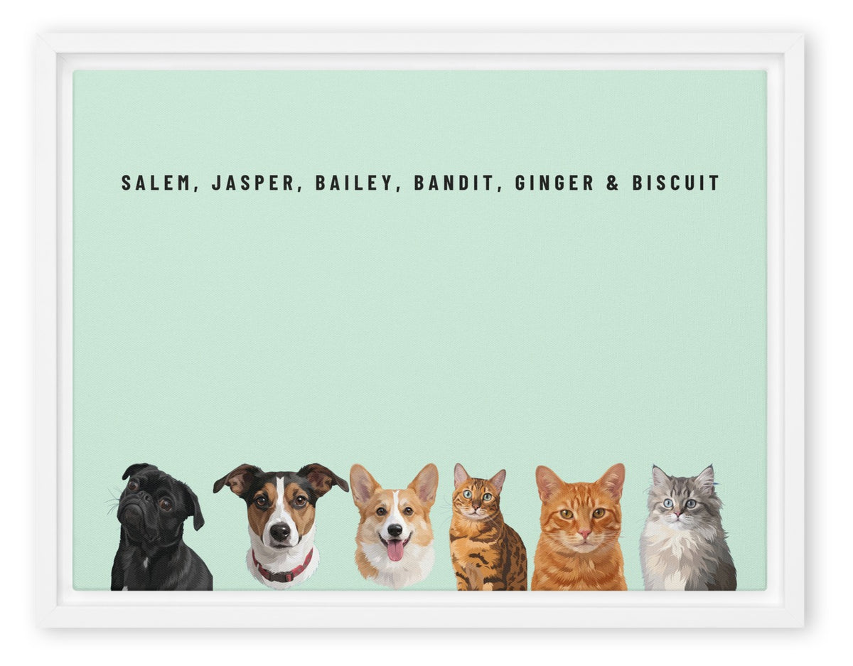 Custom Six Pet Portrait Canvas (White Framed Canvas): Salem the Pug & Jasper the Jack Russell Terrier & Bailey the Pembroke Welsh Corgi & Bandit the Bengal cat & Ginger the orange tabby cat & Biscuit the tabby kitten on a Mint background. [ks Style=White Framed Canvas; Background=Mint]
