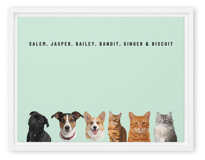 Custom Six Pet Portrait Canvas (White Framed Canvas): Salem the Pug & Jasper the Jack Russell Terrier & Bailey the Pembroke Welsh Corgi & Bandit the Bengal cat & Ginger the orange tabby cat & Biscuit the tabby kitten on a Mint background. [ks Style=White Framed Canvas; Background=Mint]