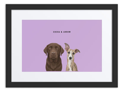 Custom Two Pet Portrait Framed Print (Black + Mat): Cocoa the chocolate Labrador & Arrow the Whippet on a Orchid background. [ks Frame=Black + Mat; Background=Orchid]