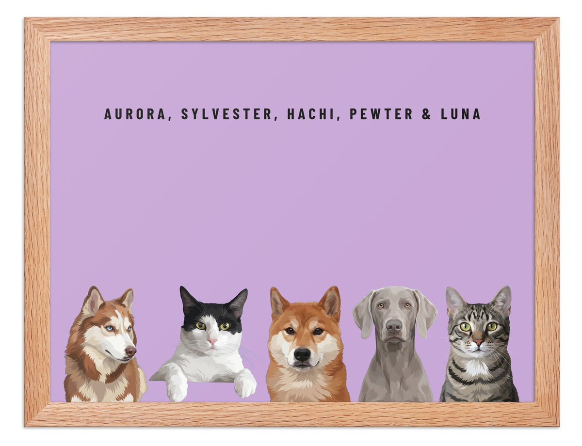 Holiday Custom Five Pet Portrait (Oak Frame): Aurora the Siberian Husky & Sylvester the tuxedo cat & Hachi the Shiba Inu & Pewter the Weimaraner & Luna the grey-brown tabby cat on a Orchid background. [ks Style=Oak Frame; Background=Orchid]