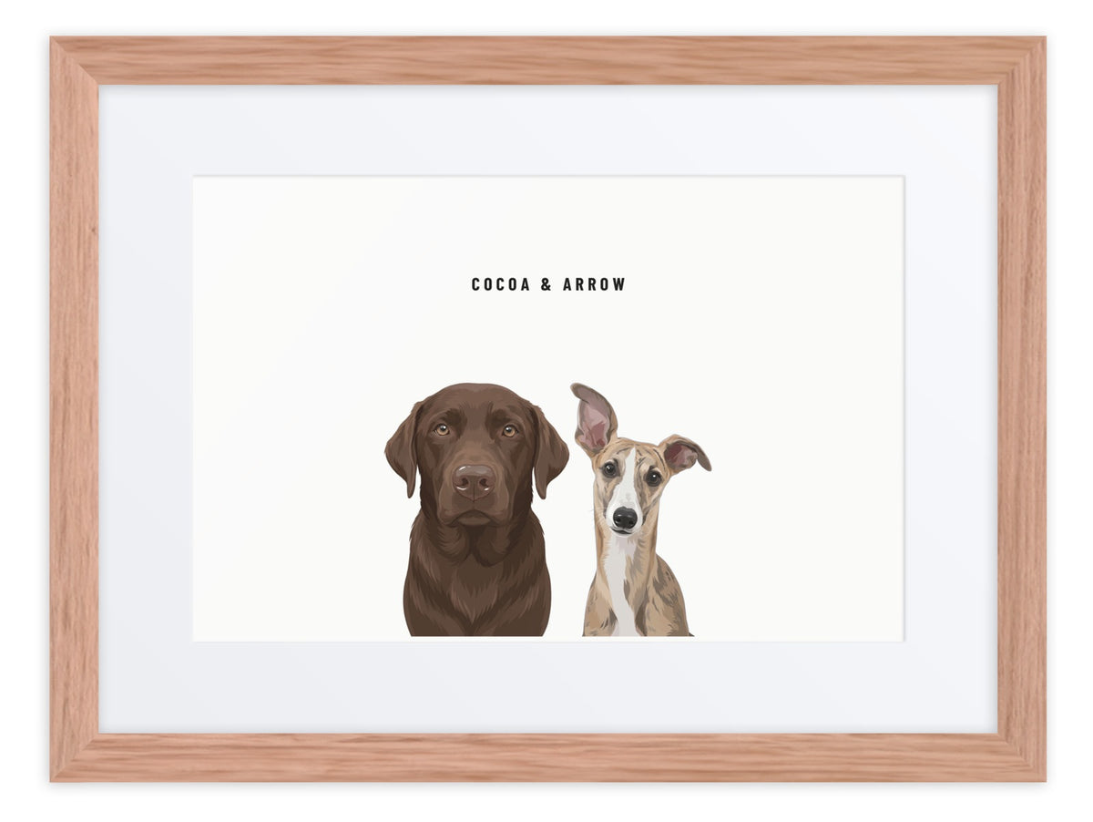 Custom Two Pet Portrait Framed Print (Oak + Mat): Cocoa the chocolate Labrador & Arrow the Whippet on a White background. [ks Frame=Oak + Mat; Background=White]