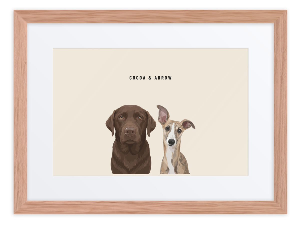 Custom Two Pet Portrait Framed Print (Oak + Mat): Cocoa the chocolate Labrador & Arrow the Whippet on a Cream background. [ks Frame=Oak + Mat; Background=Cream]