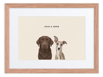 Custom Two Pet Portrait Framed Print (Oak + Mat): Cocoa the chocolate Labrador & Arrow the Whippet on a Cream background. [ks Frame=Oak + Mat; Background=Cream]