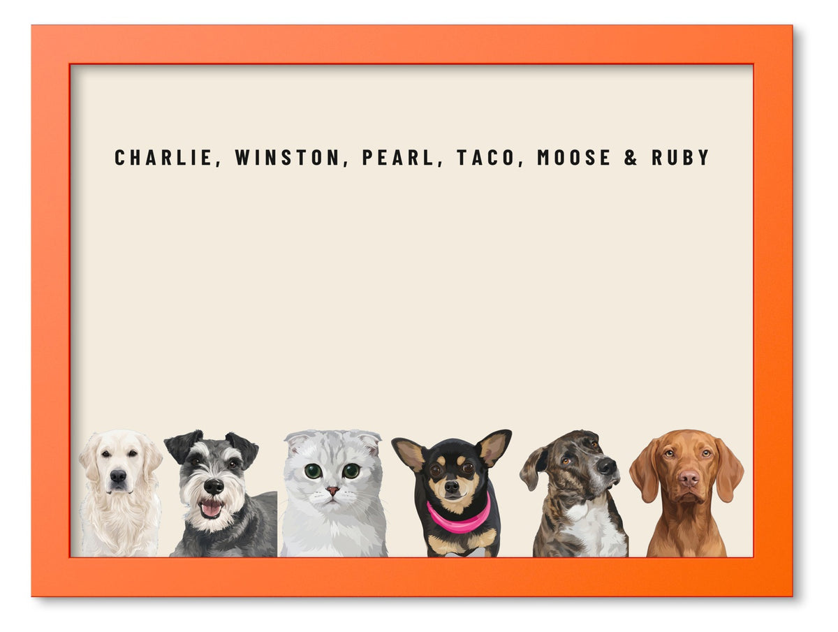 Custom Six Pet Portrait Coloured Frame Print (Orange): Charlie the Golden Retriever & Winston the Miniature Schnauzer & Pearl the Scottish Fold cat & Taco the Chihuahua & Moose the mixed-breed dog & Ruby the Vizsla on a Cream background. [ks Frame Colour=Orange; Background=Cream]