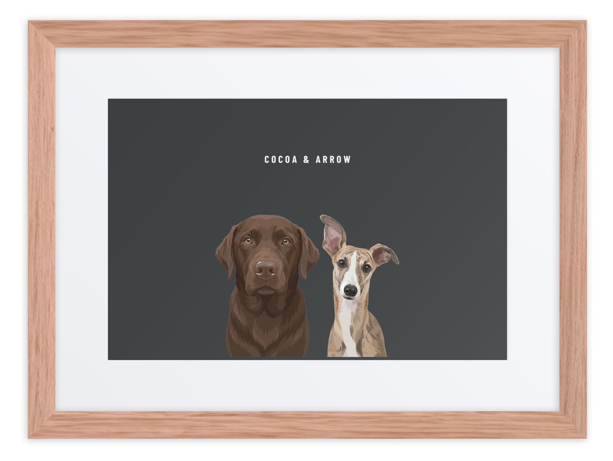 Custom Two Pet Portrait Framed Print (Oak + Mat): Cocoa the chocolate Labrador & Arrow the Whippet on a Charcoal background. [ks Frame=Oak + Mat; Background=Charcoal]