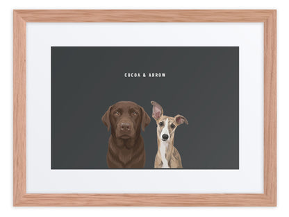 Custom Two Pet Portrait Framed Print (Oak + Mat): Cocoa the chocolate Labrador & Arrow the Whippet on a Charcoal background. [ks Frame=Oak + Mat; Background=Charcoal]
