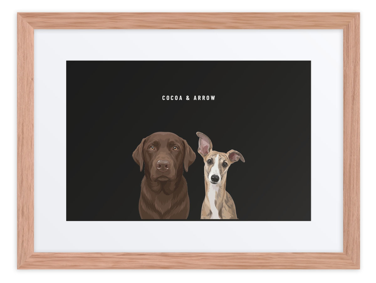 Custom Two Pet Portrait Framed Print (Oak + Mat): Cocoa the chocolate Labrador & Arrow the Whippet on a Obsidian background. [ks Frame=Oak + Mat; Background=Obsidian]