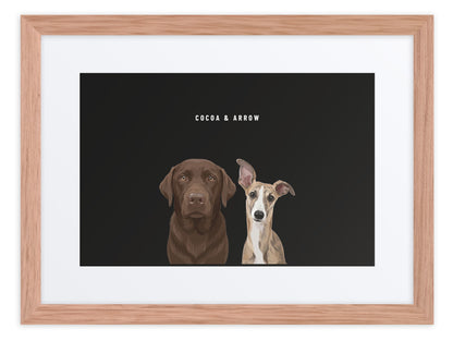 Custom Two Pet Portrait Framed Print (Oak + Mat): Cocoa the chocolate Labrador & Arrow the Whippet on a Obsidian background. [ks Frame=Oak + Mat; Background=Obsidian]