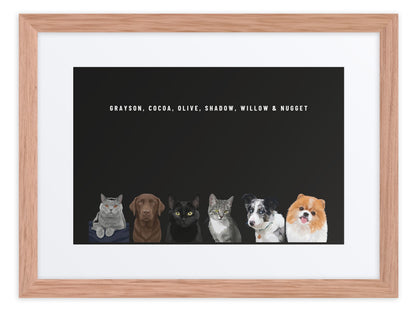 Custom Six Pet Portrait Framed Print (Oak + Mat): Grayson the British Shorthair cat & Cocoa the chocolate Labrador & Olive the black cat & Shadow the grey tabby cat & Willow the Border Collie & Nugget the Pomeranian on a Obsidian background. [ks Frame=Oak + Mat; Background=Obsidian]