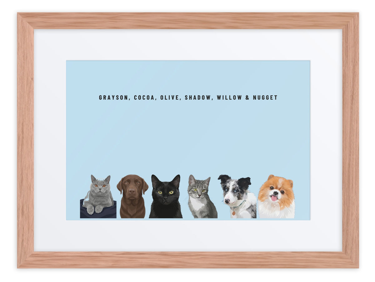 Custom Six Pet Portrait Framed Print (Oak + Mat): Grayson the British Shorthair cat & Cocoa the chocolate Labrador & Olive the black cat & Shadow the grey tabby cat & Willow the Border Collie & Nugget the Pomeranian on a Sky background. [ks Frame=Oak + Mat; Background=Sky]