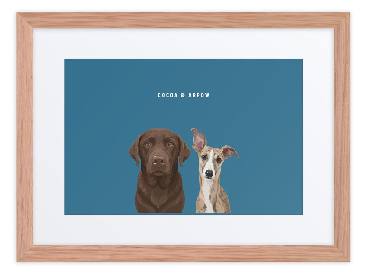 Custom Two Pet Portrait Framed Print (Oak + Mat): Cocoa the chocolate Labrador & Arrow the Whippet on a Ocean background. [ks Frame=Oak + Mat; Background=Ocean]
