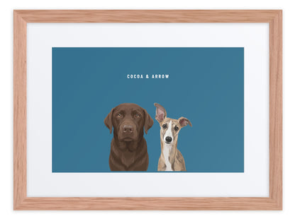 Custom Two Pet Portrait Framed Print (Oak + Mat): Cocoa the chocolate Labrador & Arrow the Whippet on a Ocean background. [ks Frame=Oak + Mat; Background=Ocean]