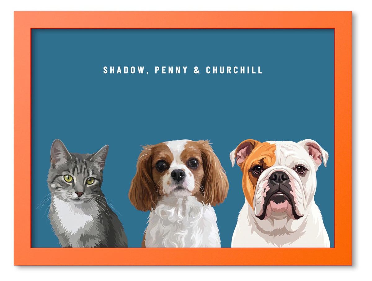Custom Three Pet Portrait Coloured Frame Print (Orange): Shadow the grey tabby cat & Penny the Cavalier King Charles Spaniel & Churchill the English Bulldog on a Ocean background. [ks Frame Colour=Orange; Background=Ocean]