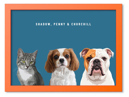 Custom Three Pet Portrait Coloured Frame Print (Orange): Shadow the grey tabby cat & Penny the Cavalier King Charles Spaniel & Churchill the English Bulldog on a Ocean background. [ks Frame Colour=Orange; Background=Ocean]