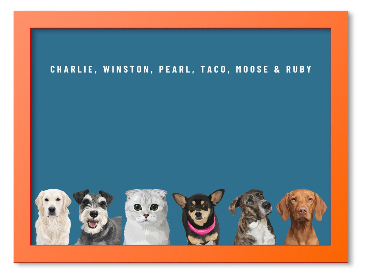 Custom Six Pet Portrait Coloured Frame Print (Orange): Charlie the Golden Retriever & Winston the Miniature Schnauzer & Pearl the Scottish Fold cat & Taco the Chihuahua & Moose the mixed-breed dog & Ruby the Vizsla on a Ocean background. [ks Frame Colour=Orange; Background=Ocean]