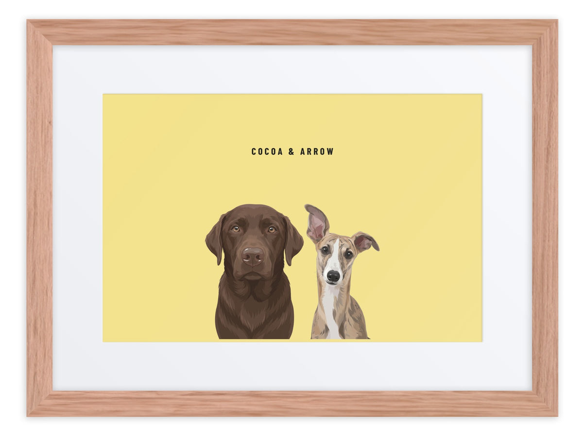 Custom Two Pet Portrait Framed Print (Oak + Mat): Cocoa the chocolate Labrador & Arrow the Whippet on a Lemon background. [ks Frame=Oak + Mat; Background=Lemon]