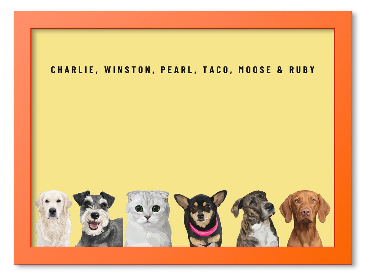Custom Six Pet Portrait Coloured Frame Print (Orange): Charlie the Golden Retriever & Winston the Miniature Schnauzer & Pearl the Scottish Fold cat & Taco the Chihuahua & Moose the mixed-breed dog & Ruby the Vizsla on a Lemon background. [ks Frame Colour=Orange; Background=Lemon]