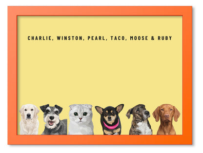 Custom Six Pet Portrait Coloured Frame Print (Orange): Charlie the Golden Retriever & Winston the Miniature Schnauzer & Pearl the Scottish Fold cat & Taco the Chihuahua & Moose the mixed-breed dog & Ruby the Vizsla on a Lemon background. [ks Frame Colour=Orange; Background=Lemon]
