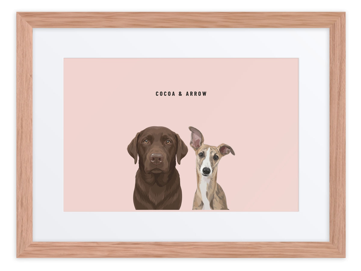 Custom Two Pet Portrait Framed Print (Oak + Mat): Cocoa the chocolate Labrador & Arrow the Whippet on a Blush background. [ks Frame=Oak + Mat; Background=Blush]