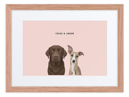 Custom Two Pet Portrait Framed Print (Oak + Mat): Cocoa the chocolate Labrador & Arrow the Whippet on a Blush background. [ks Frame=Oak + Mat; Background=Blush]